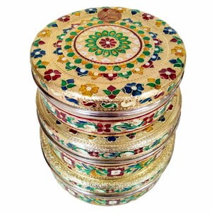 Golden Flower Meenakari Designed Stainless Steel Make 3-Piece Container Set
